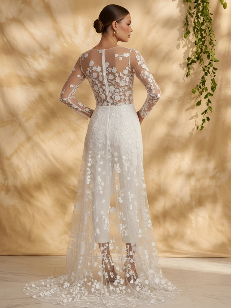 Satin Jumpsuit Boat Neck Long Evening Dresses with Lace Applique