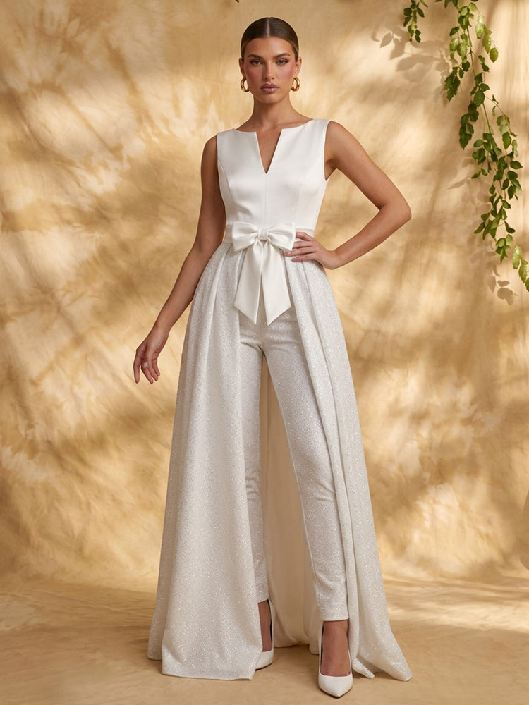 Satin Jumpsuit V Neck Long Evening Dresses with Sequin