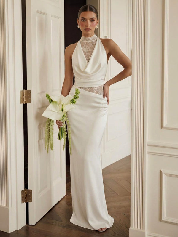 Satin Mermaid High Neck Long Evening Dresses with Lace Applique