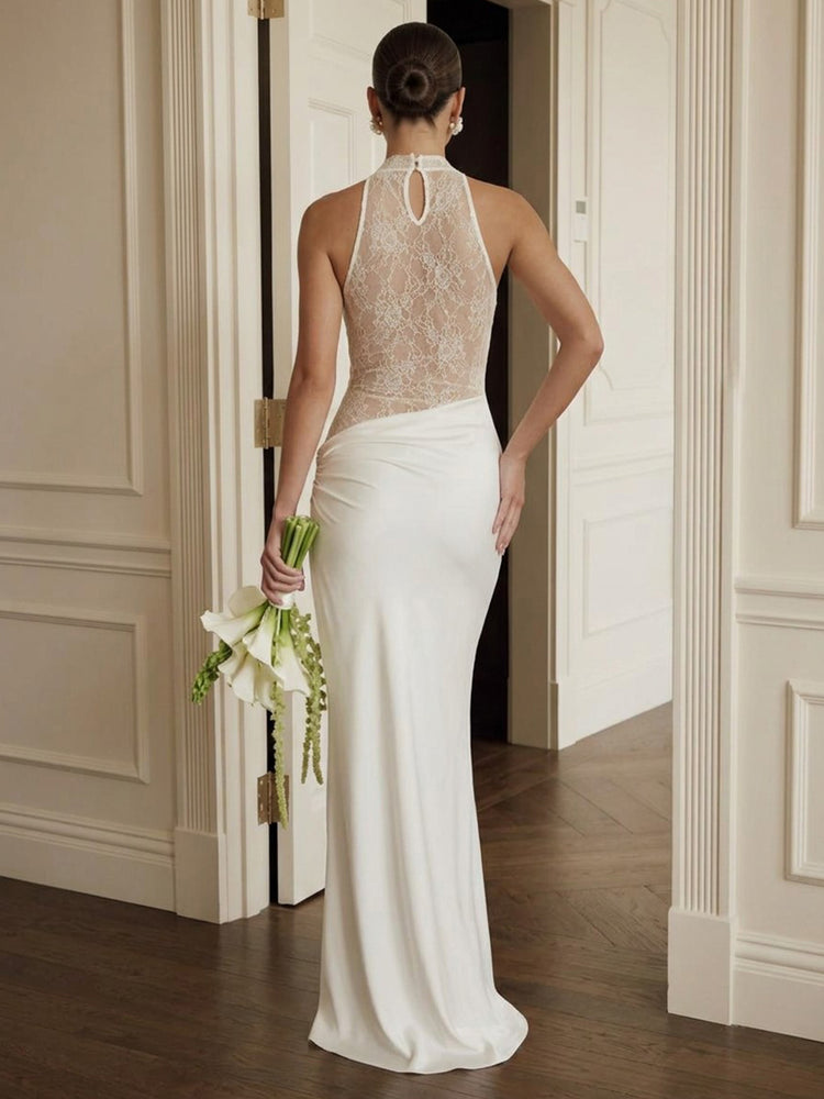 Satin Mermaid High Neck Long Evening Dresses with Lace Applique