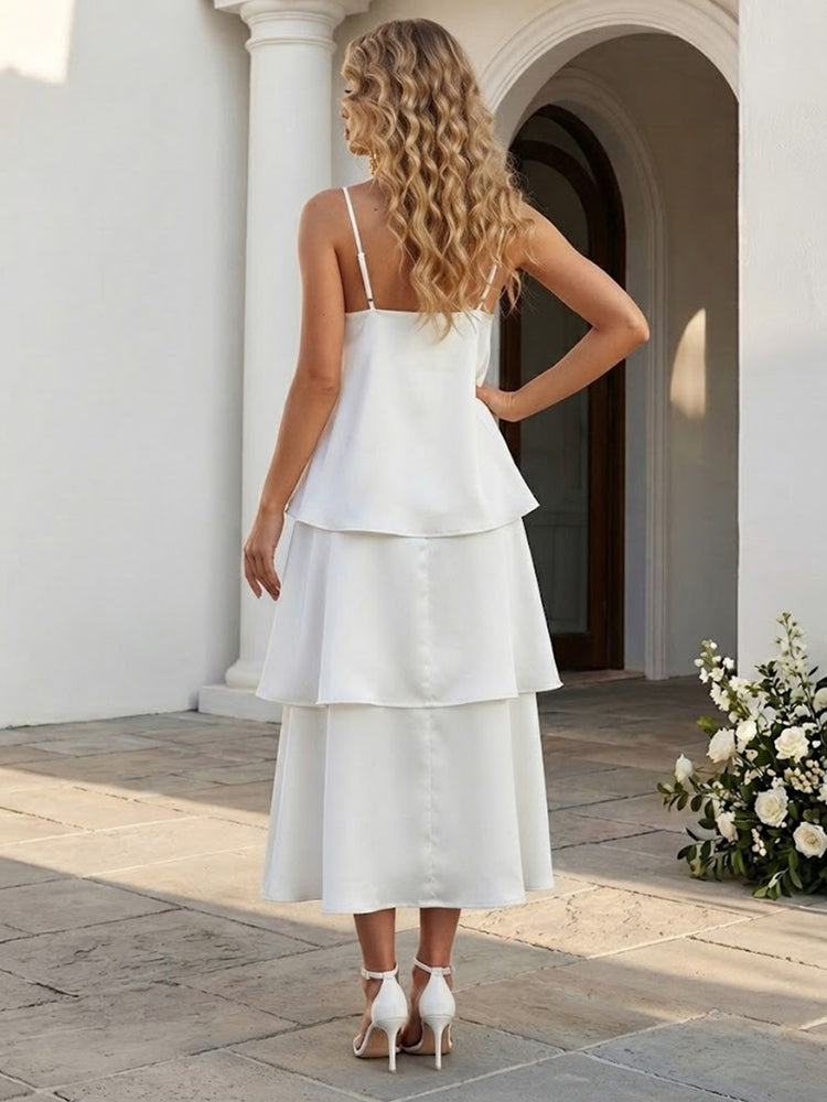 Satin A-Line Spaghetti Straps Long Evening Dresses with Tiered