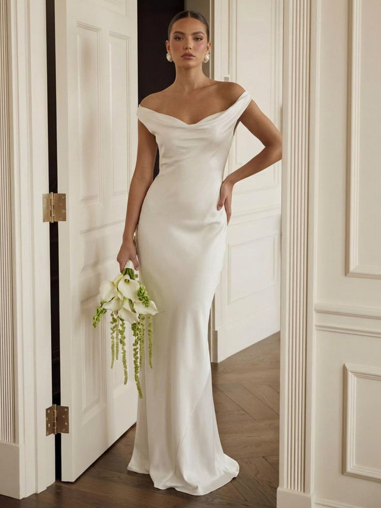 Satin Mermaid Off the Shoulder Long Evening Dresses with Pleated