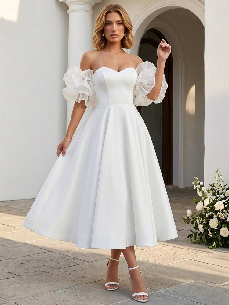 Satin A-Line Off the Shoulder Long Evening Dresses with Pleated