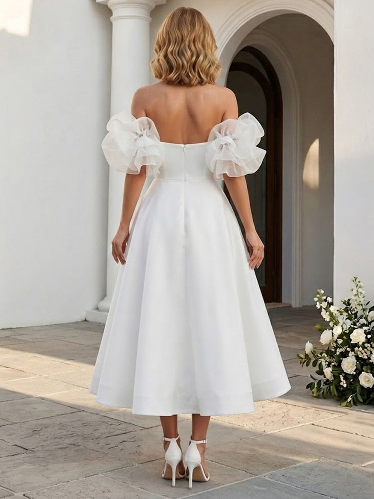 Satin A-Line Off the Shoulder Long Evening Dresses with Pleated