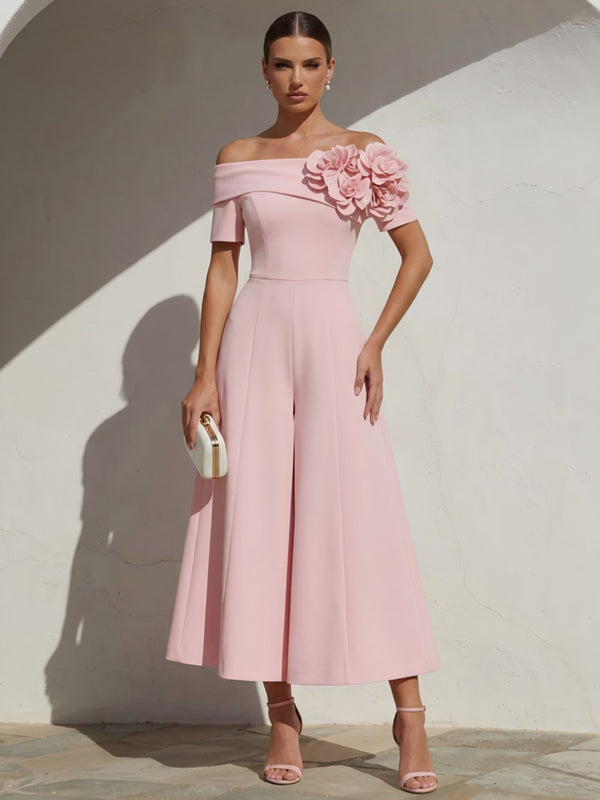 Satin Jumpsuit Off the Shoulder Long Evening Dresses with 3D Flowers