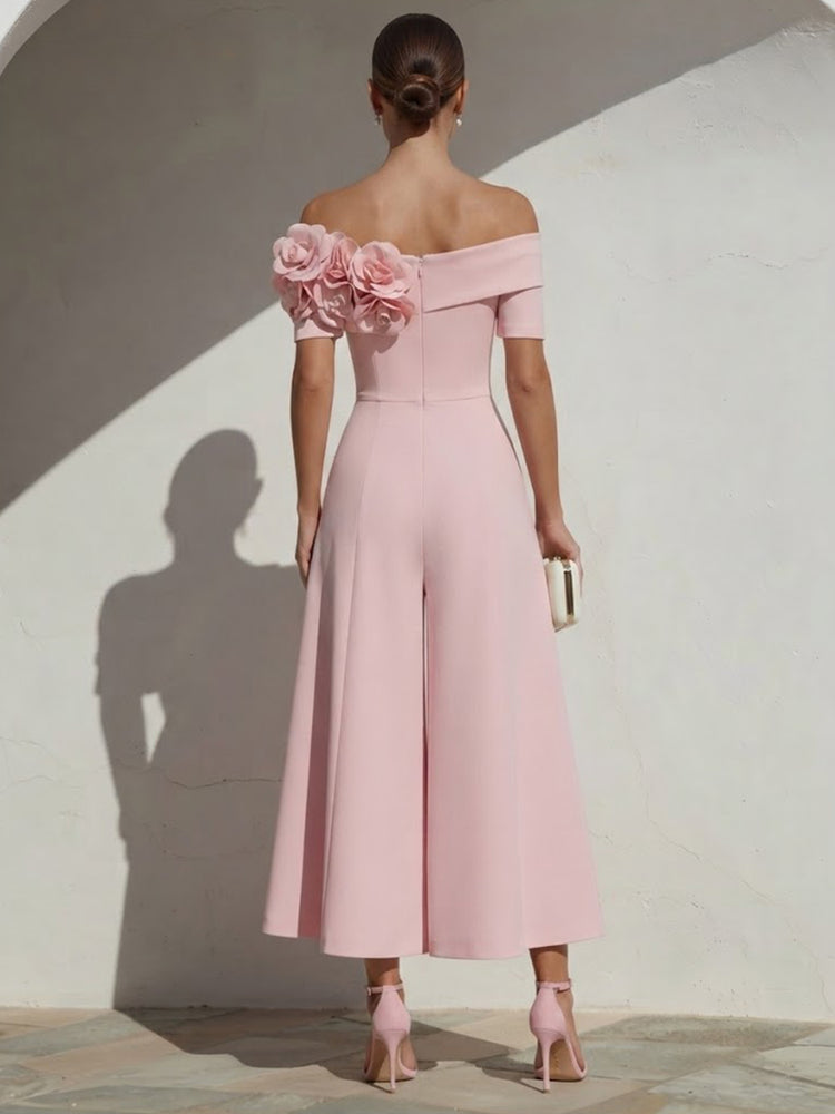 Satin Jumpsuit Off the Shoulder Long Evening Dresses with 3D Flowers