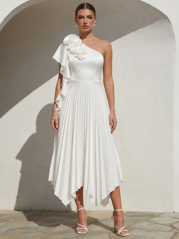 Satin A-Line One Shoulder Long Evening Dresses with 3D Flowers