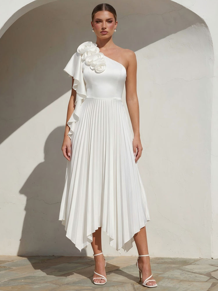 Satin A-Line One Shoulder Long Evening Dresses with 3D Flowers