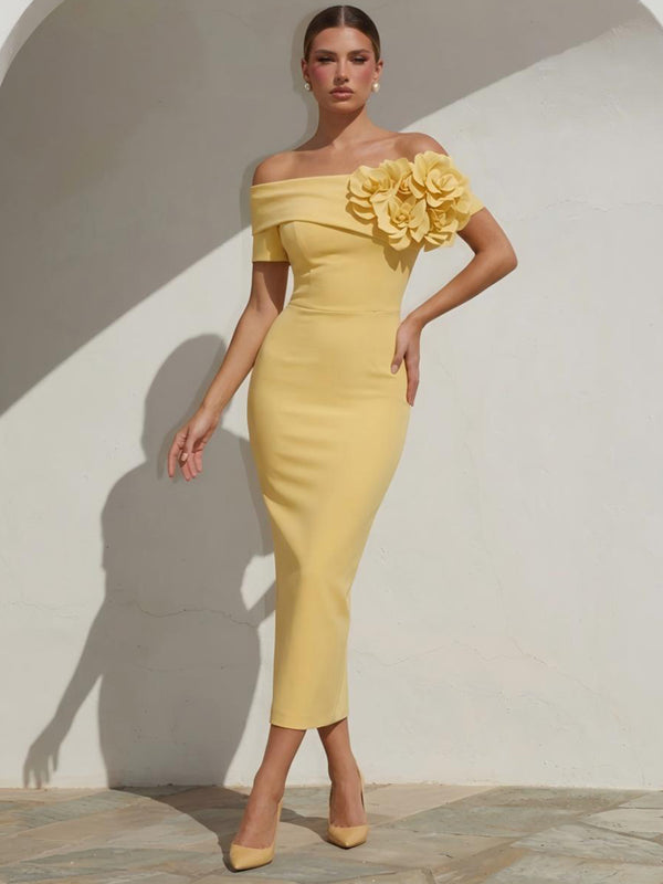 Satin Mermaid Off the Shoulder Long Evening Dresses with 3D Flowers