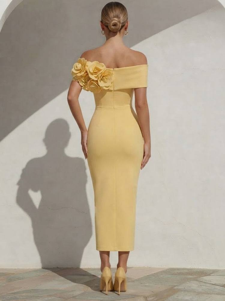 Satin Mermaid Off the Shoulder Long Evening Dresses with 3D Flowers