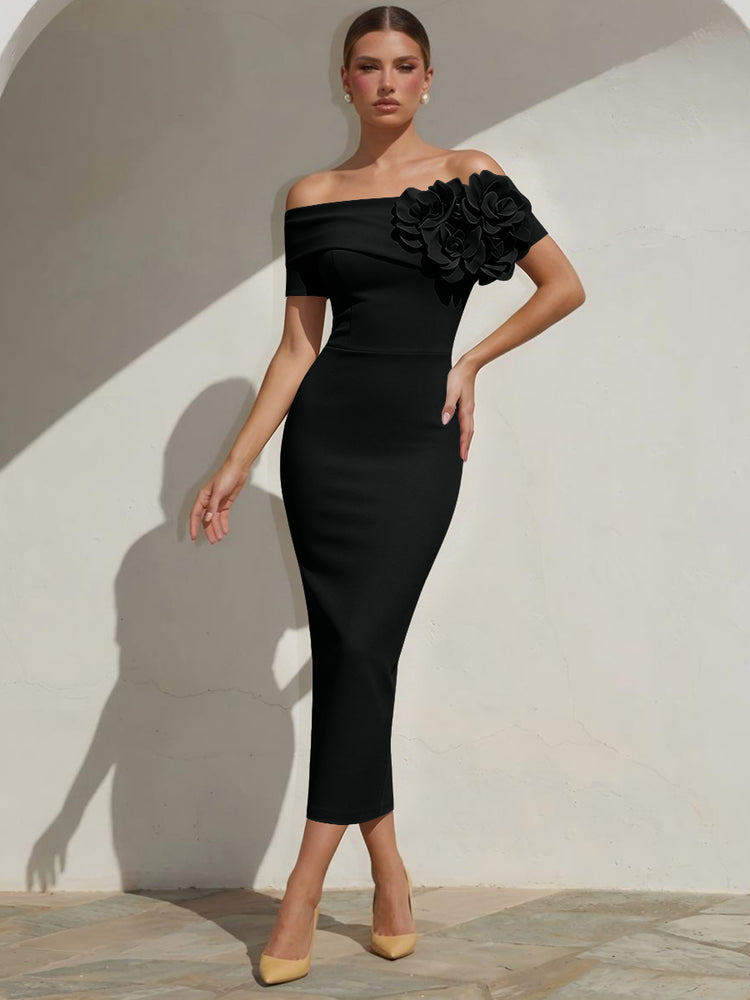 Satin Mermaid Off the Shoulder Long Evening Dresses with 3D Flowers