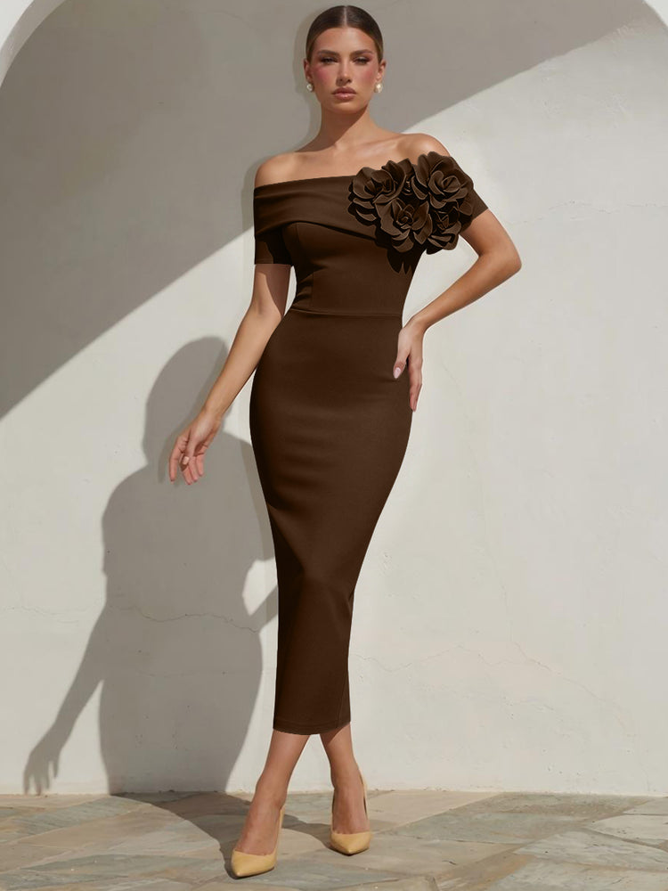 Satin Mermaid Off the Shoulder Long Evening Dresses with 3D Flowers