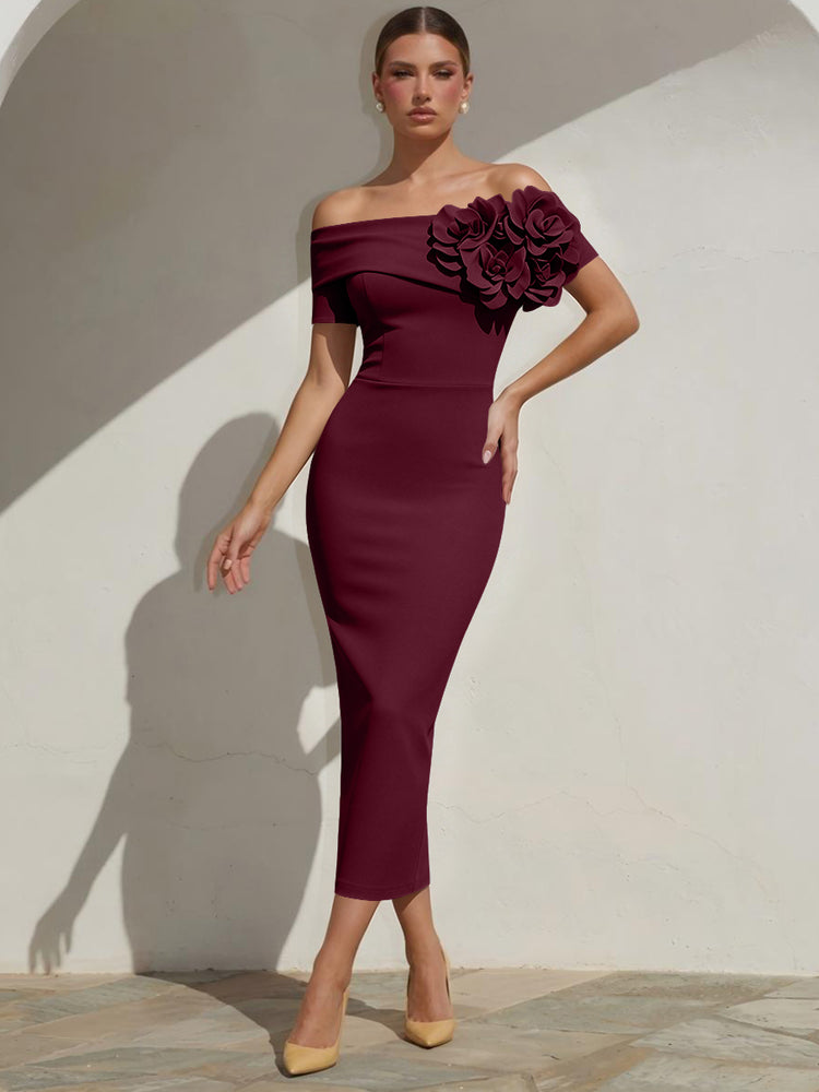 Satin Mermaid Off the Shoulder Long Evening Dresses with 3D Flowers