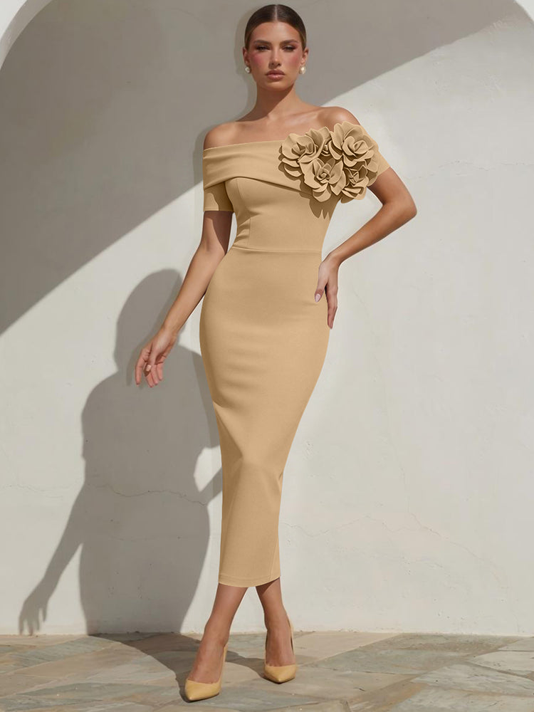 Satin Mermaid Off the Shoulder Long Evening Dresses with 3D Flowers