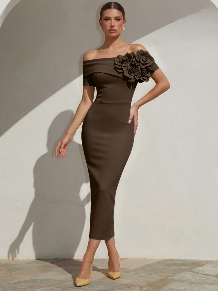Satin Mermaid Off the Shoulder Long Evening Dresses with 3D Flowers