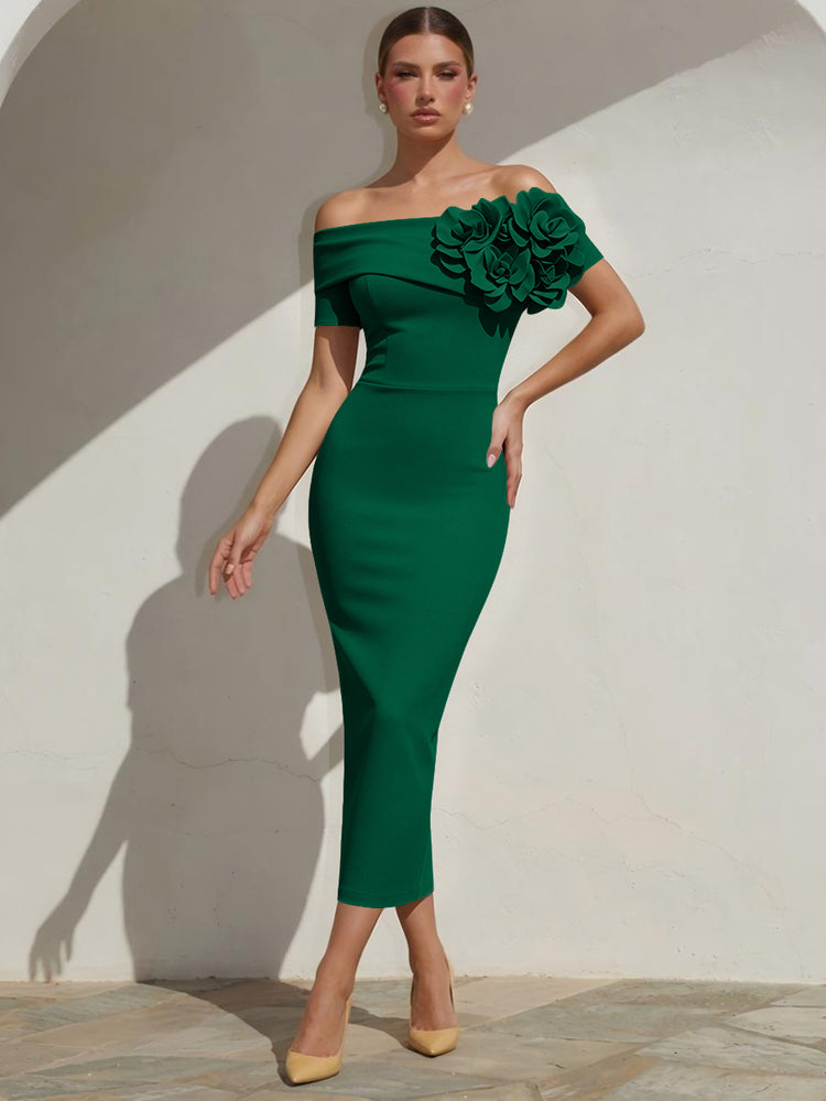 Satin Mermaid Off the Shoulder Long Evening Dresses with 3D Flowers