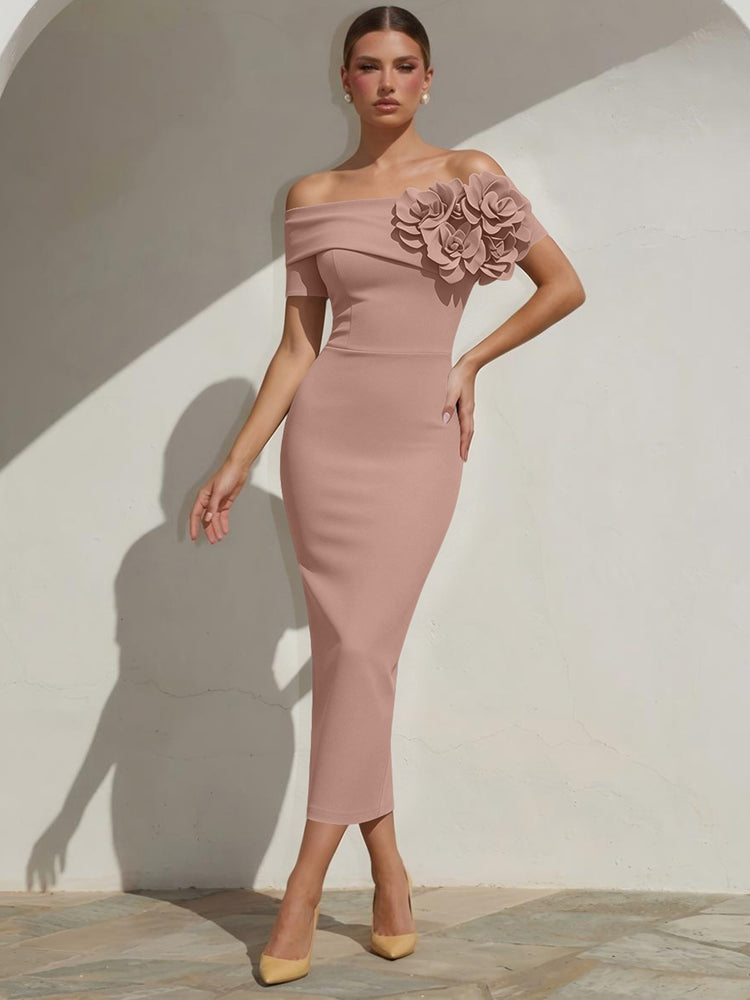 Satin Mermaid Off the Shoulder Long Evening Dresses with 3D Flowers