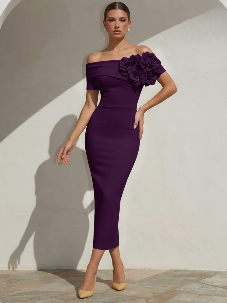 Satin Mermaid Off the Shoulder Long Evening Dresses with 3D Flowers