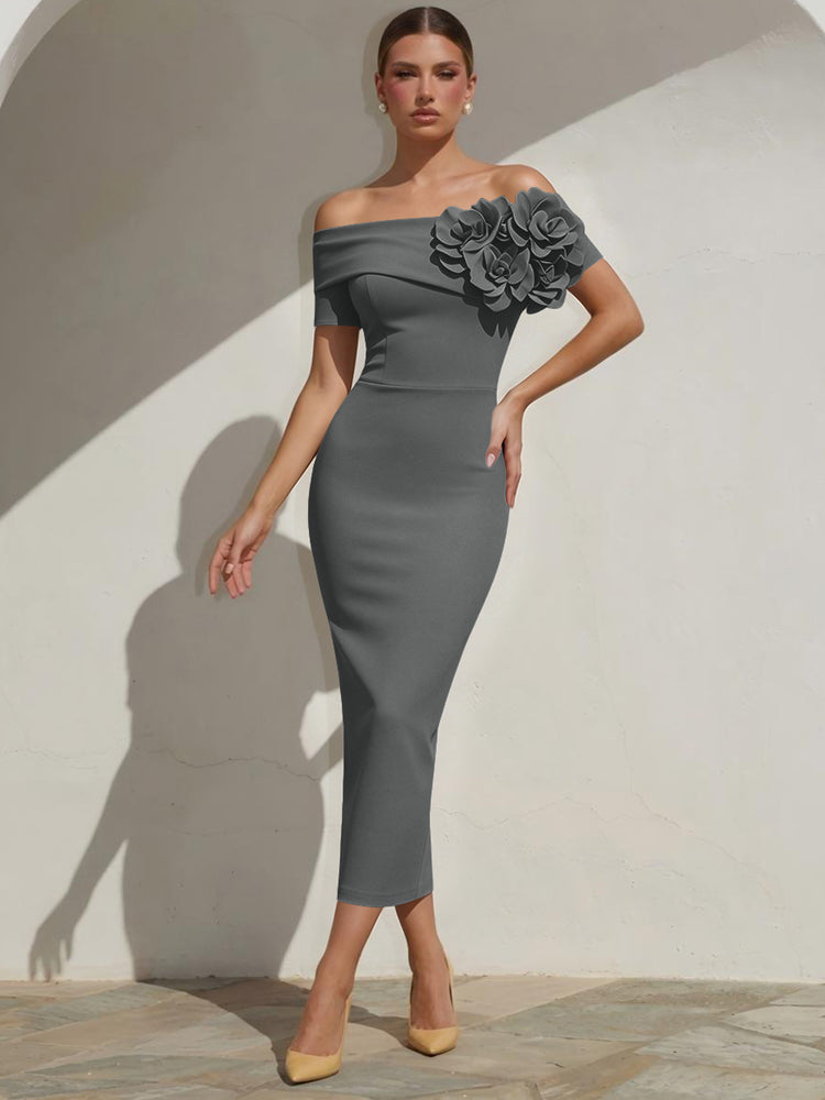 Satin Mermaid Off the Shoulder Long Evening Dresses with 3D Flowers