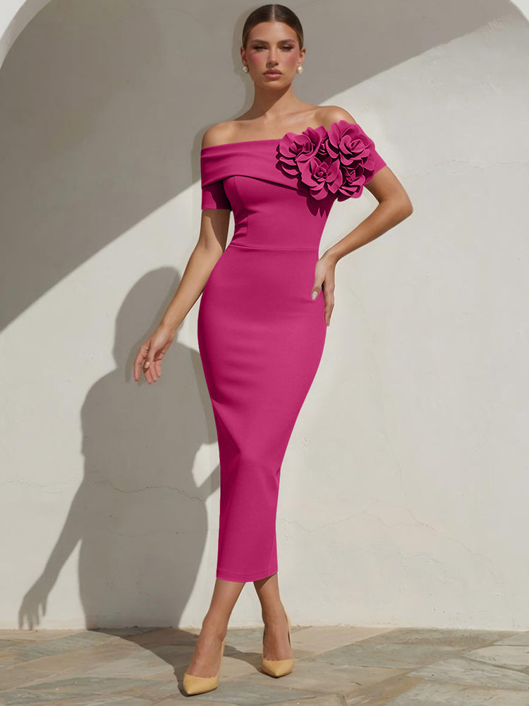 Satin Mermaid Off the Shoulder Long Evening Dresses with 3D Flowers