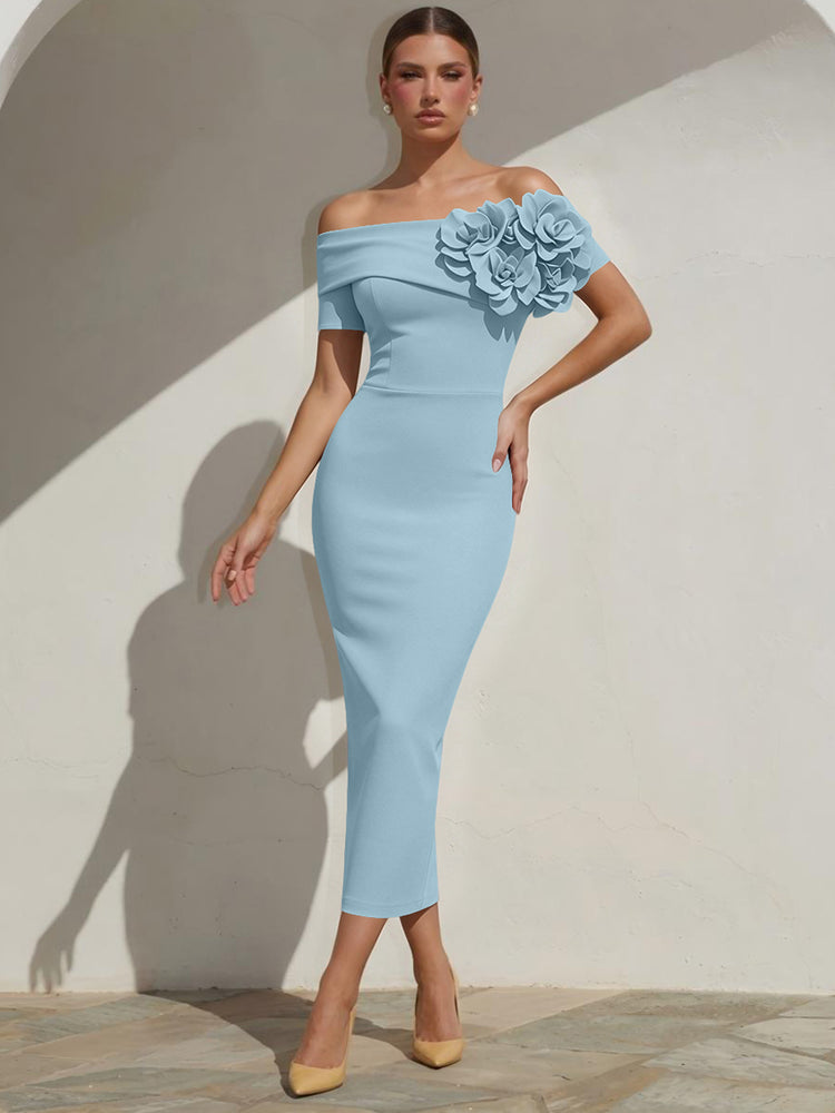 Satin Mermaid Off the Shoulder Long Evening Dresses with 3D Flowers