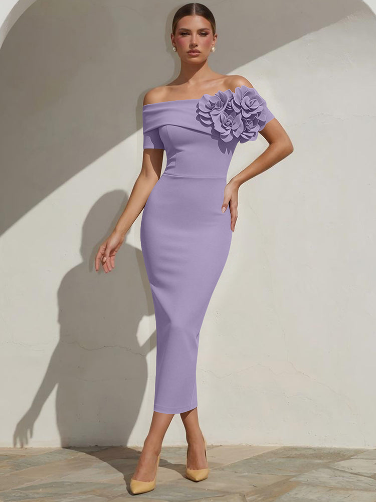 Satin Mermaid Off the Shoulder Long Evening Dresses with 3D Flowers