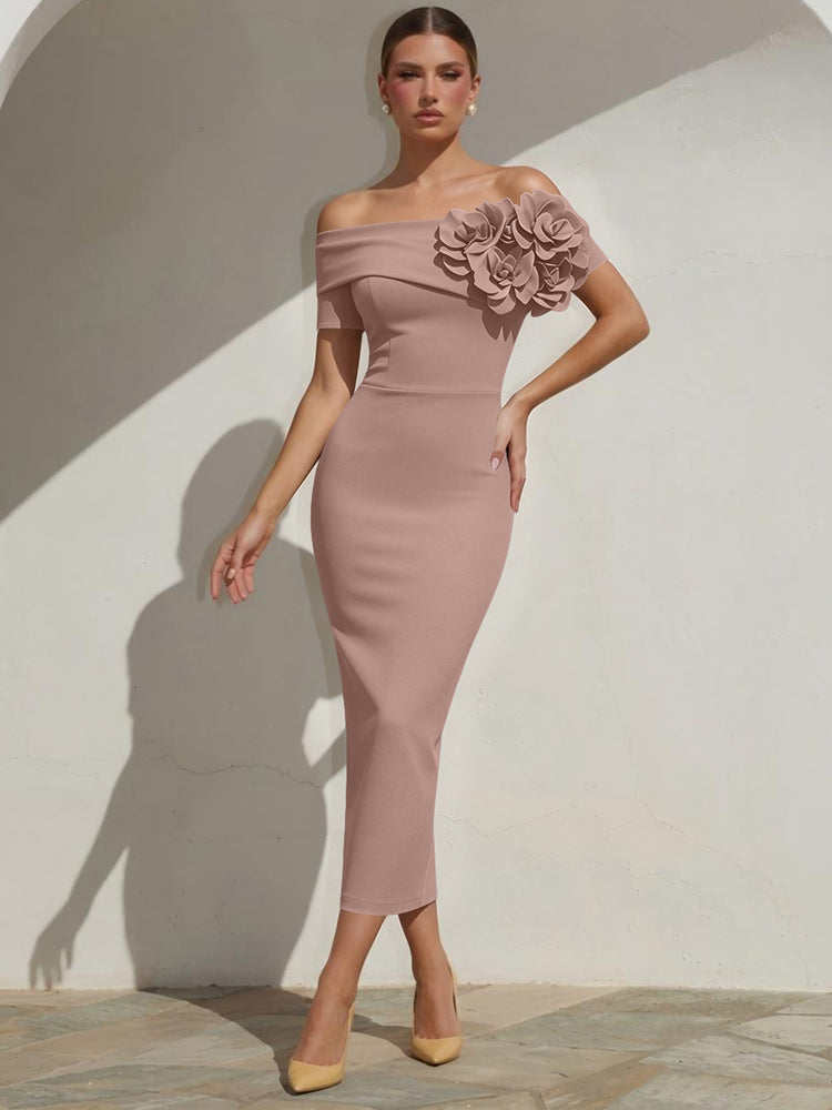 Satin Mermaid Off the Shoulder Long Evening Dresses with 3D Flowers