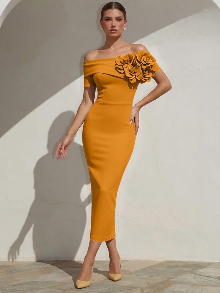Satin Mermaid Off the Shoulder Long Evening Dresses with 3D Flowers