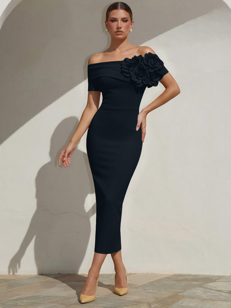 Satin Mermaid Off the Shoulder Long Evening Dresses with 3D Flowers