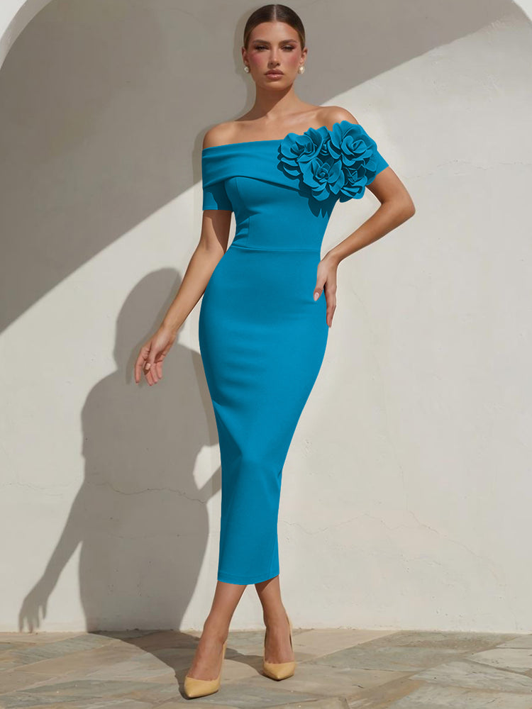 Satin Mermaid Off the Shoulder Long Evening Dresses with 3D Flowers