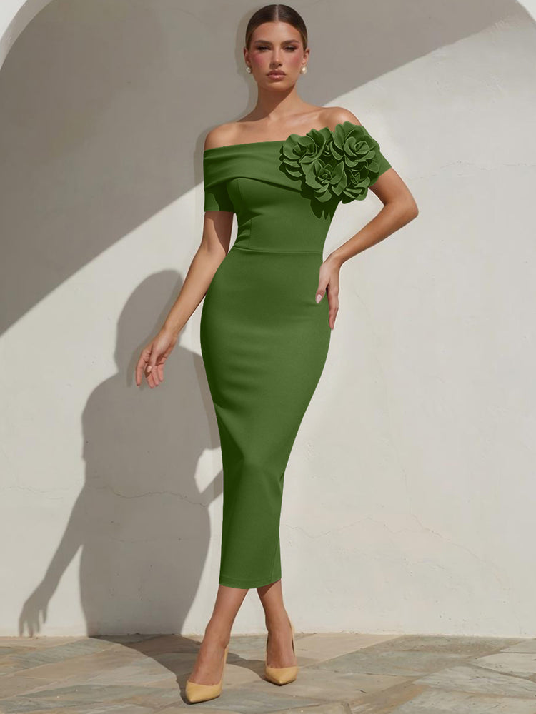 Satin Mermaid Off the Shoulder Long Evening Dresses with 3D Flowers