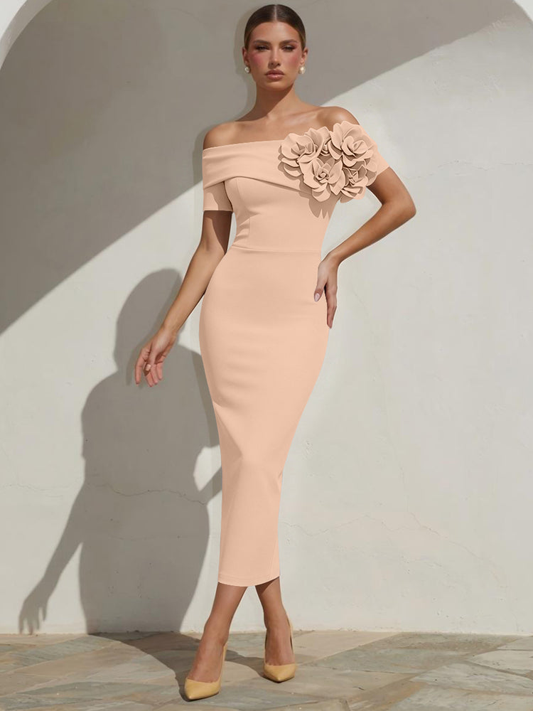 Satin Mermaid Off the Shoulder Long Evening Dresses with 3D Flowers