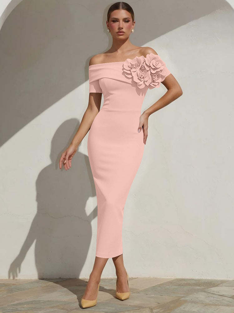 Satin Mermaid Off the Shoulder Long Evening Dresses with 3D Flowers