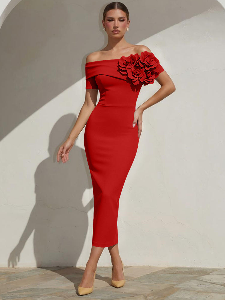 Satin Mermaid Off the Shoulder Long Evening Dresses with 3D Flowers