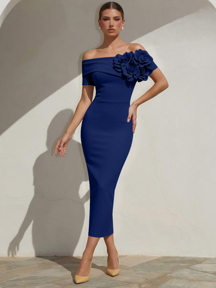 Satin Mermaid Off the Shoulder Long Evening Dresses with 3D Flowers