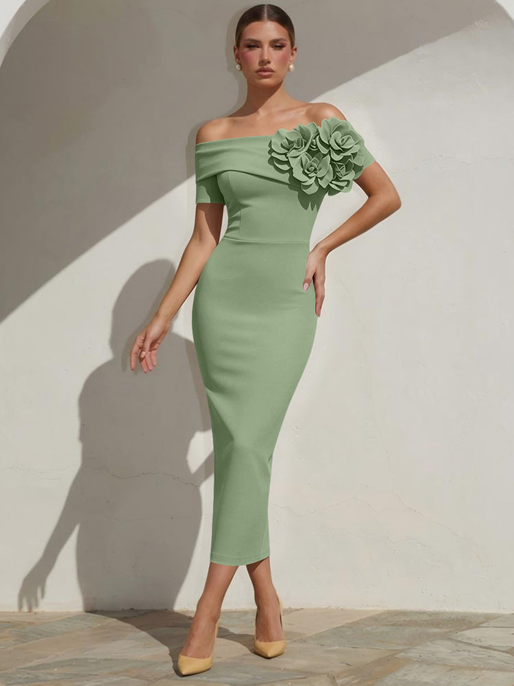 Satin Mermaid Off the Shoulder Long Evening Dresses with 3D Flowers