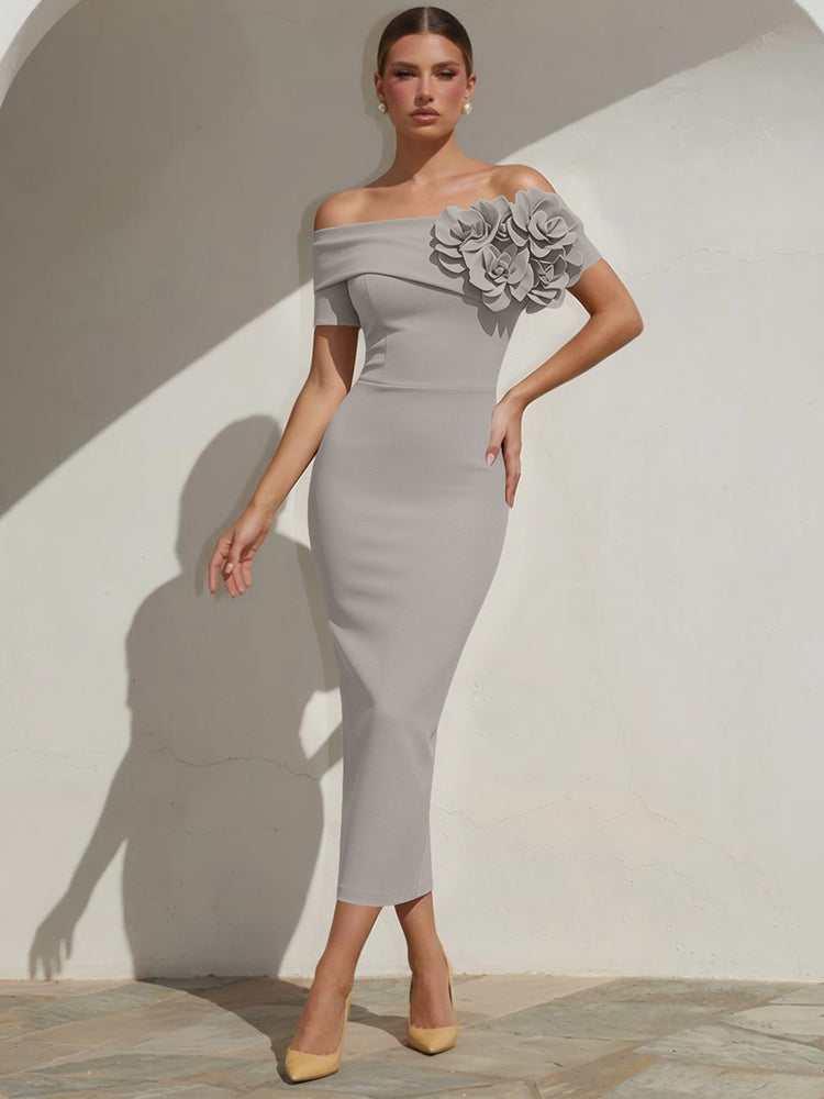 Satin Mermaid Off the Shoulder Long Evening Dresses with 3D Flowers
