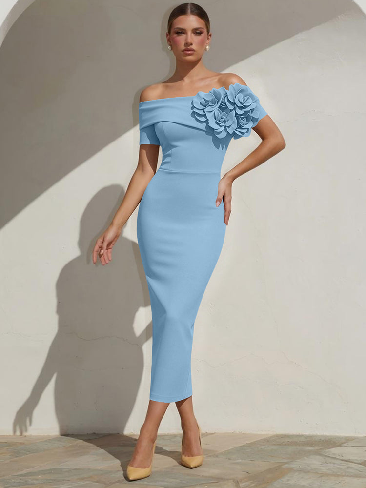 Satin Mermaid Off the Shoulder Long Evening Dresses with 3D Flowers