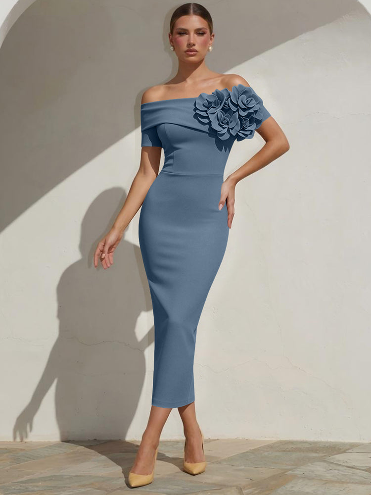 Satin Mermaid Off the Shoulder Long Evening Dresses with 3D Flowers