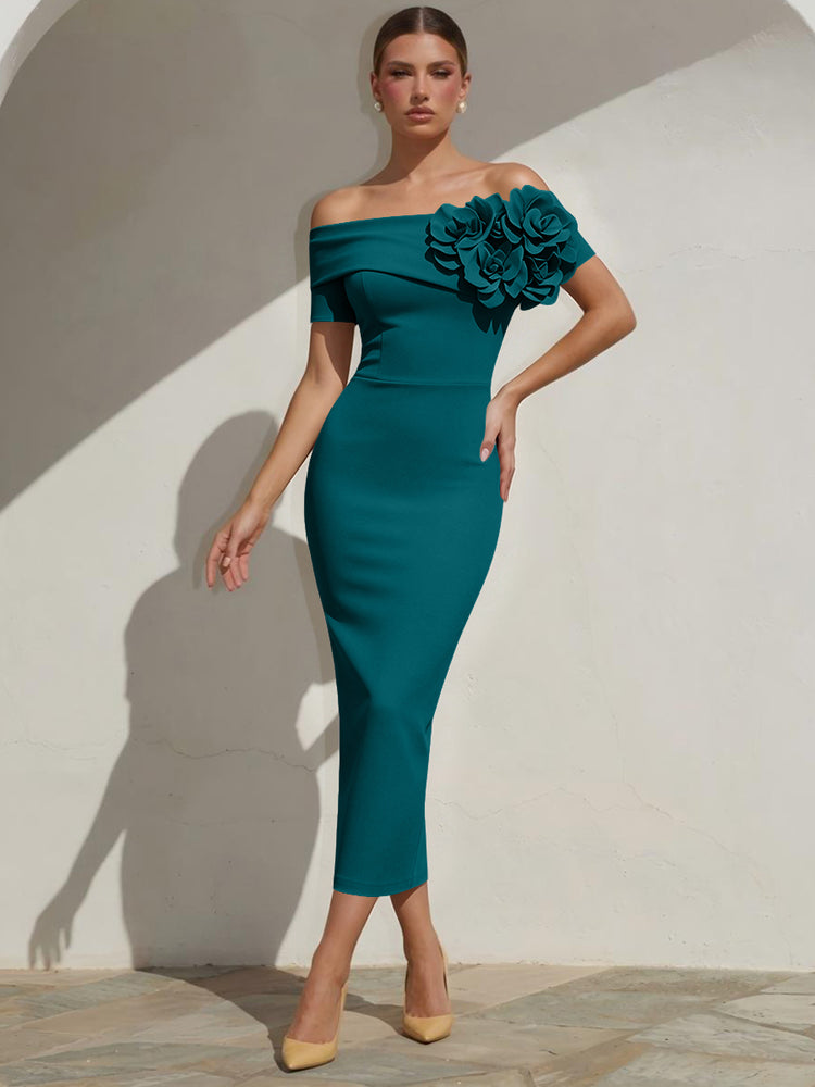 Satin Mermaid Off the Shoulder Long Evening Dresses with 3D Flowers