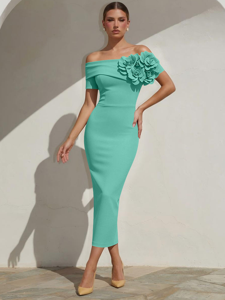 Satin Mermaid Off the Shoulder Long Evening Dresses with 3D Flowers