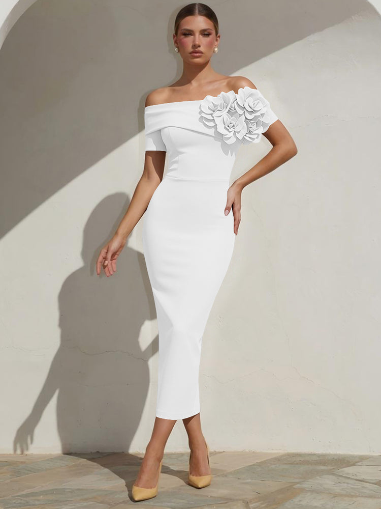 Satin Mermaid Off the Shoulder Long Evening Dresses with 3D Flowers