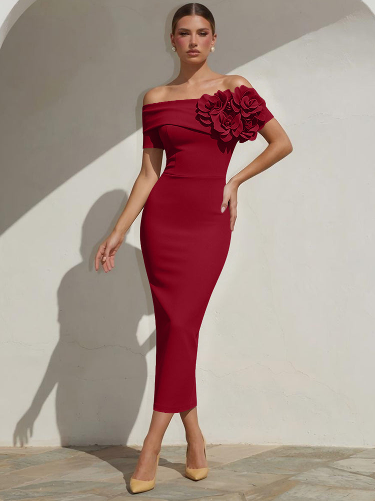 Satin Mermaid Off the Shoulder Long Evening Dresses with 3D Flowers