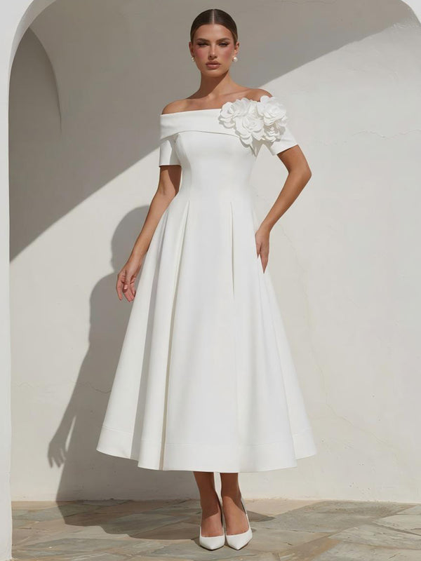 Satin A-Line Off the Shoulder Long Evening Dresses with 3D Flowers