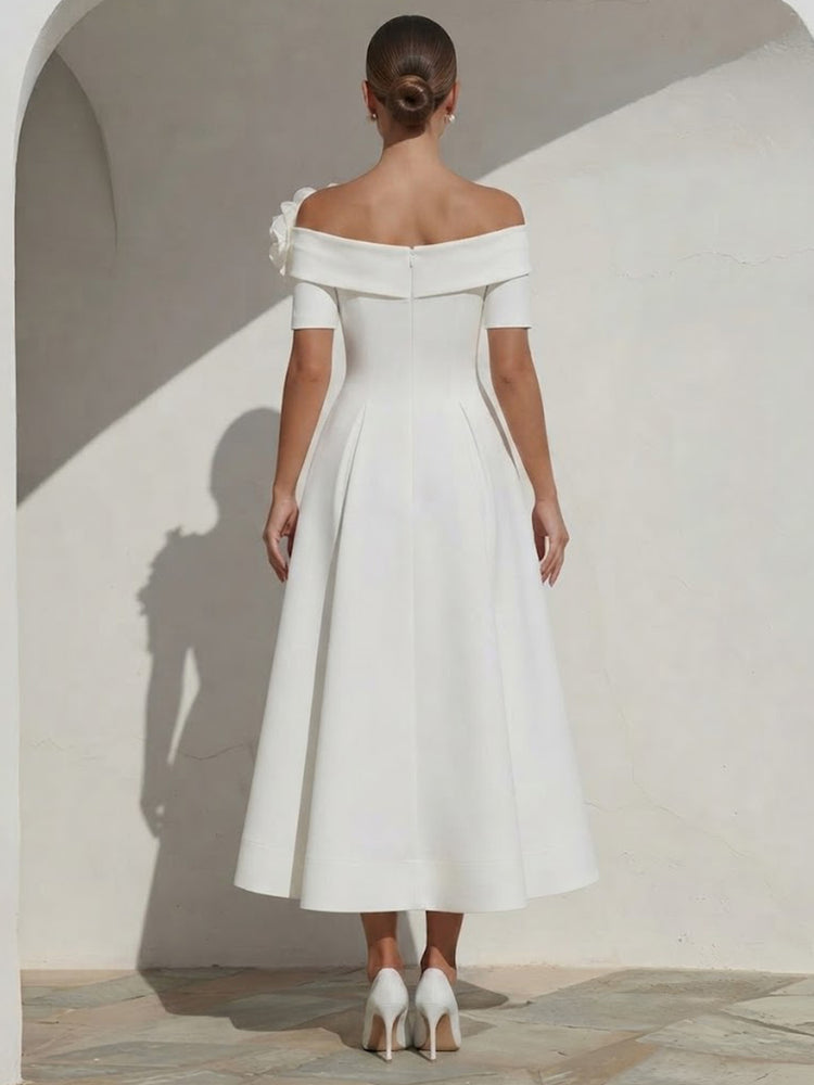 Satin A-Line Off the Shoulder Long Evening Dresses with 3D Flowers