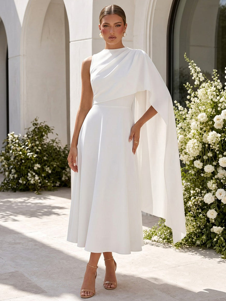 Satin A-Line High Neck Long Evening Dresses with Pleated