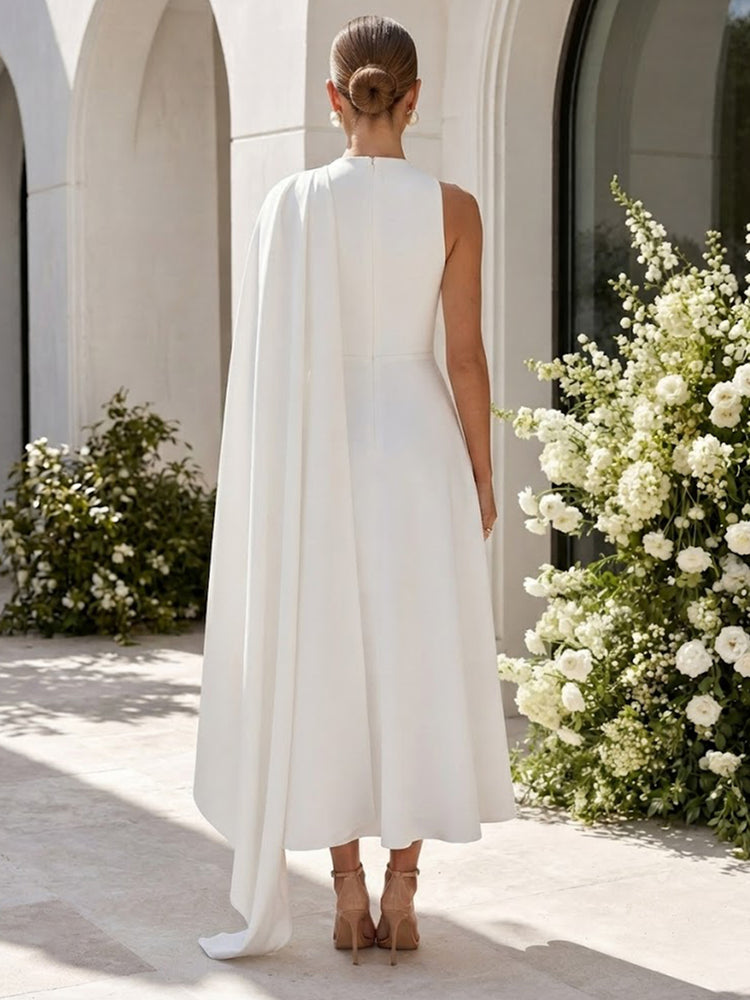 Satin A-Line High Neck Long Evening Dresses with Pleated