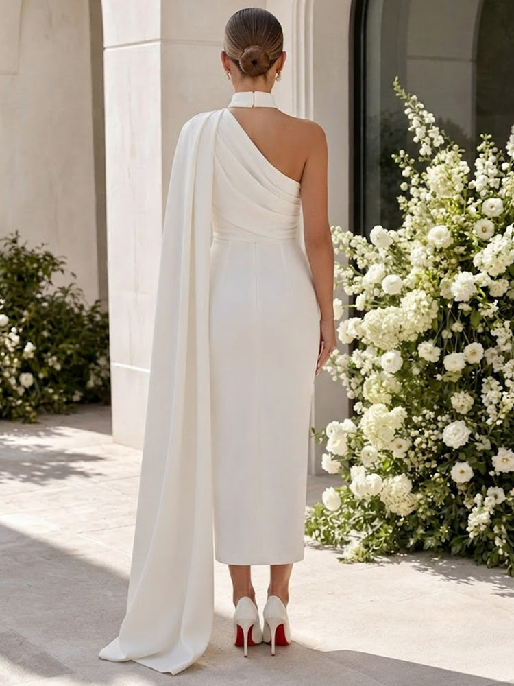 Satin Mermaid High Neck Long Evening Dresses with Slit