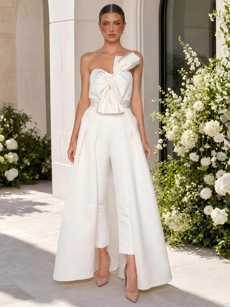 Satin Jumpsuit Strapless Long Evening Dresses with Pleated