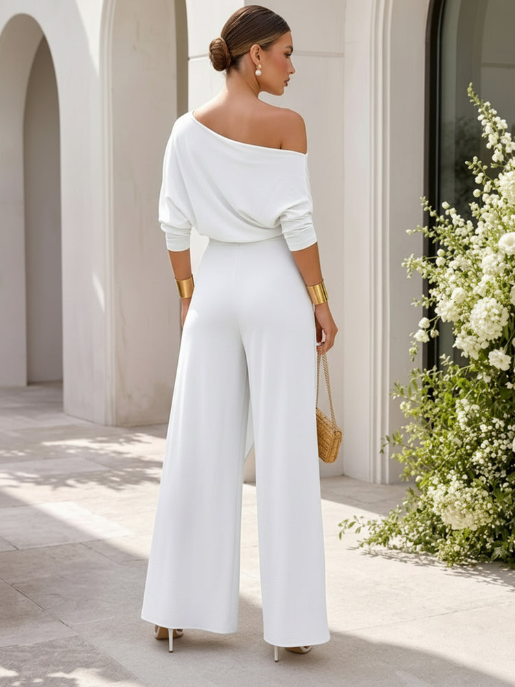 Satin Jumpsuit Off the Shoulder Long Evening Dresses with Ruffles